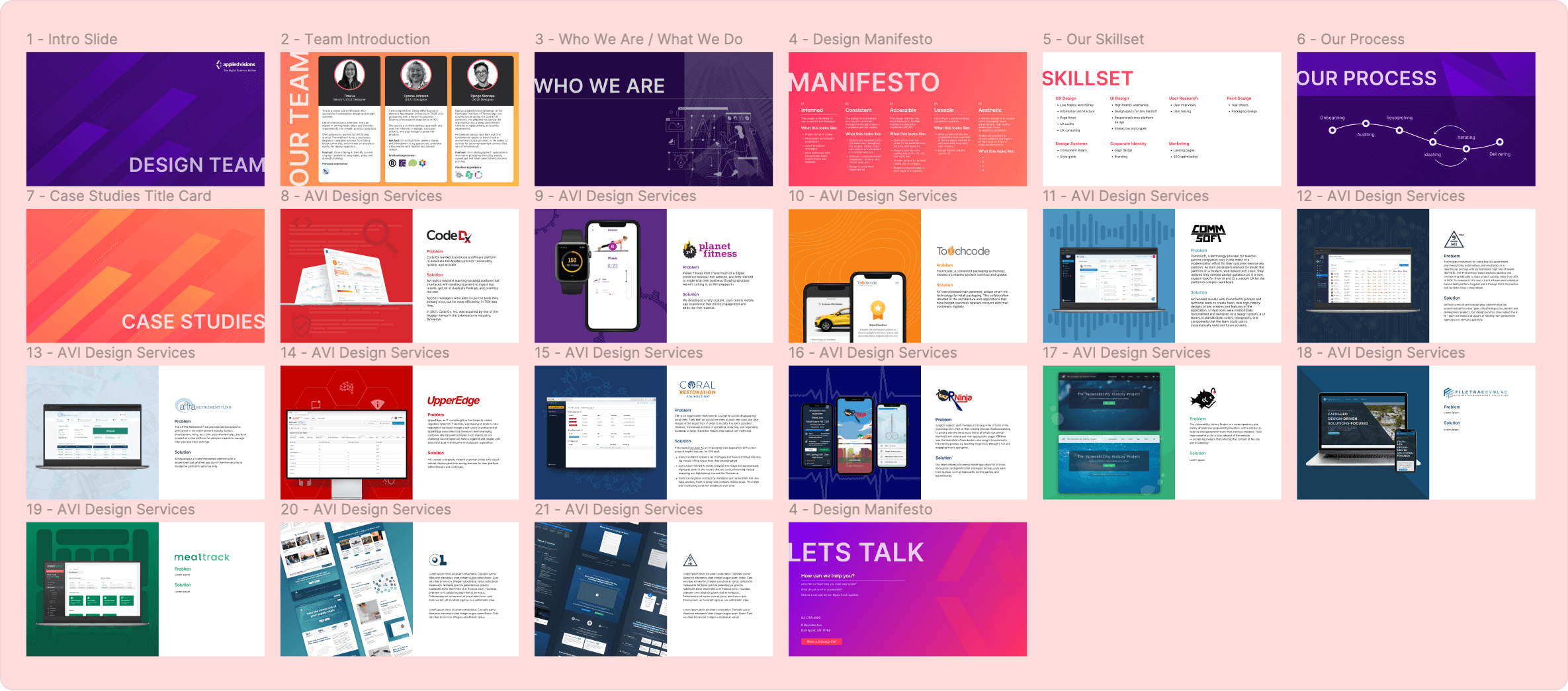 Marketing pitch deck slides laid out side by side, in new branding
