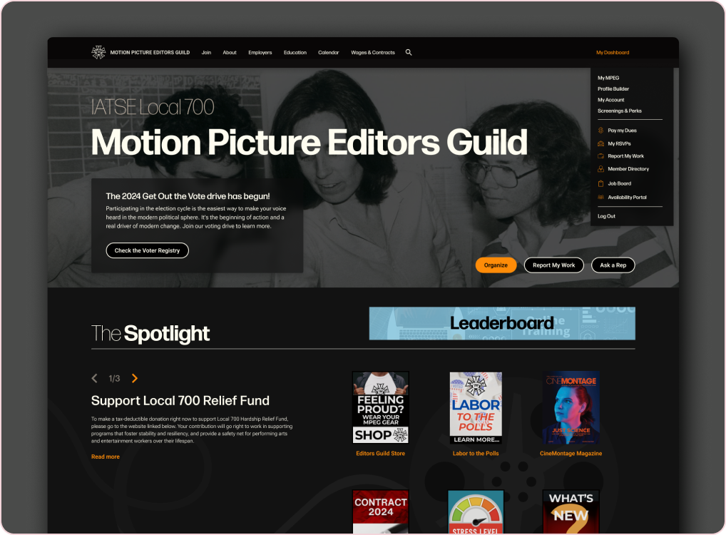 Motion Picture Editors Guild website interface mockup