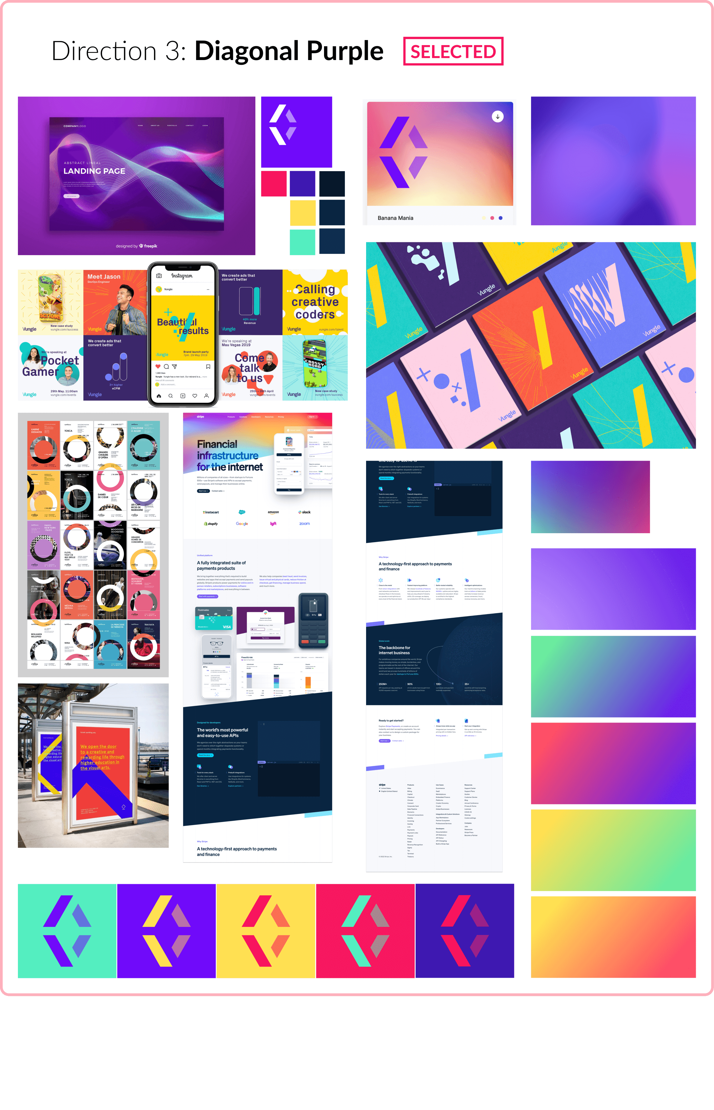 Applied Visions moodboard three - a diagonal purple and gradient color approach. This one was selected by the client