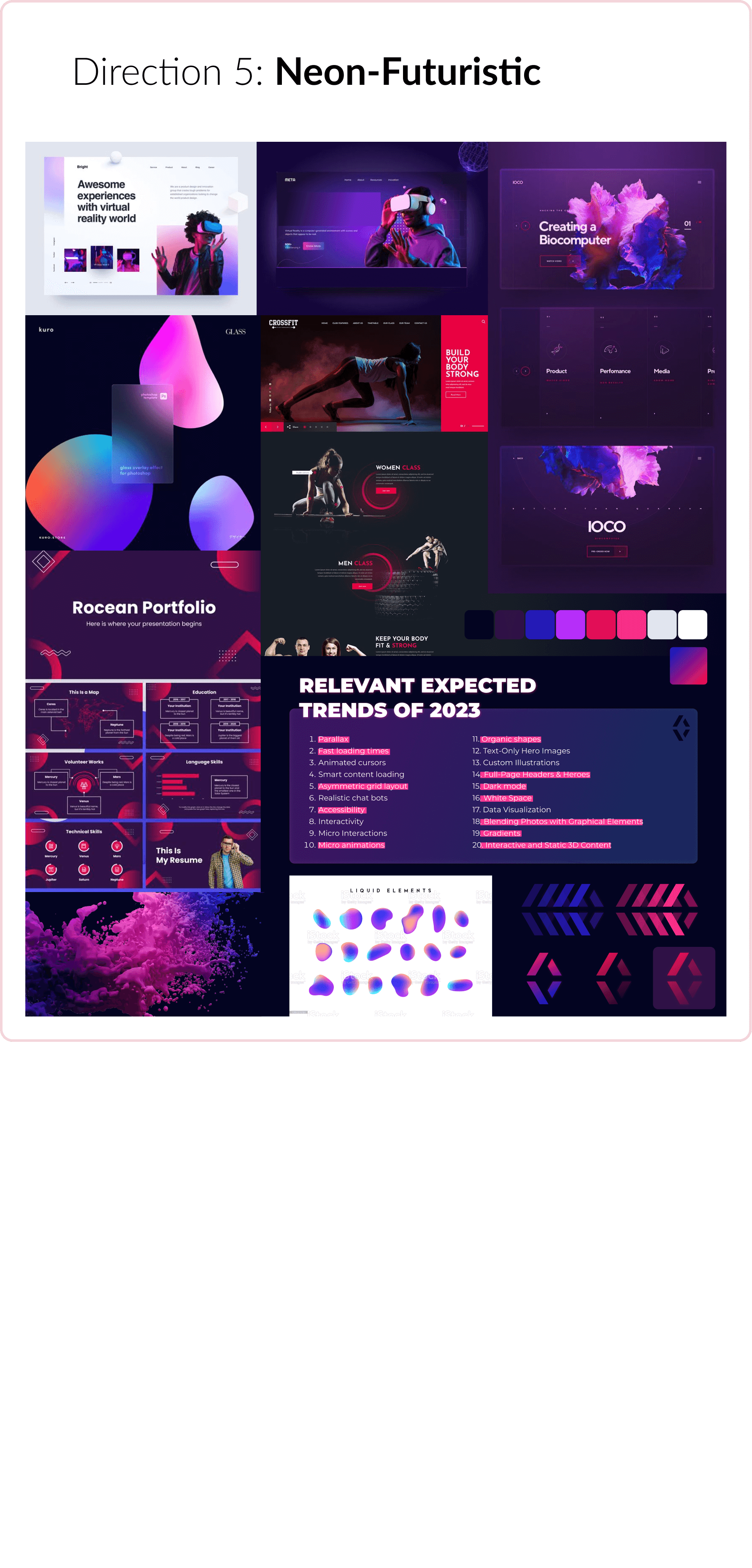 Applied Visions moodboard five - a neon-futuristic approach, dark theme with saturated purples