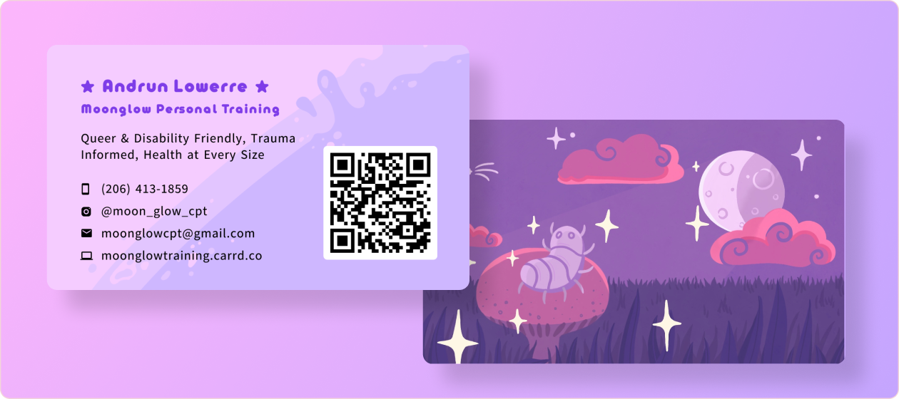 Moonglow business card front and back design, with custom art