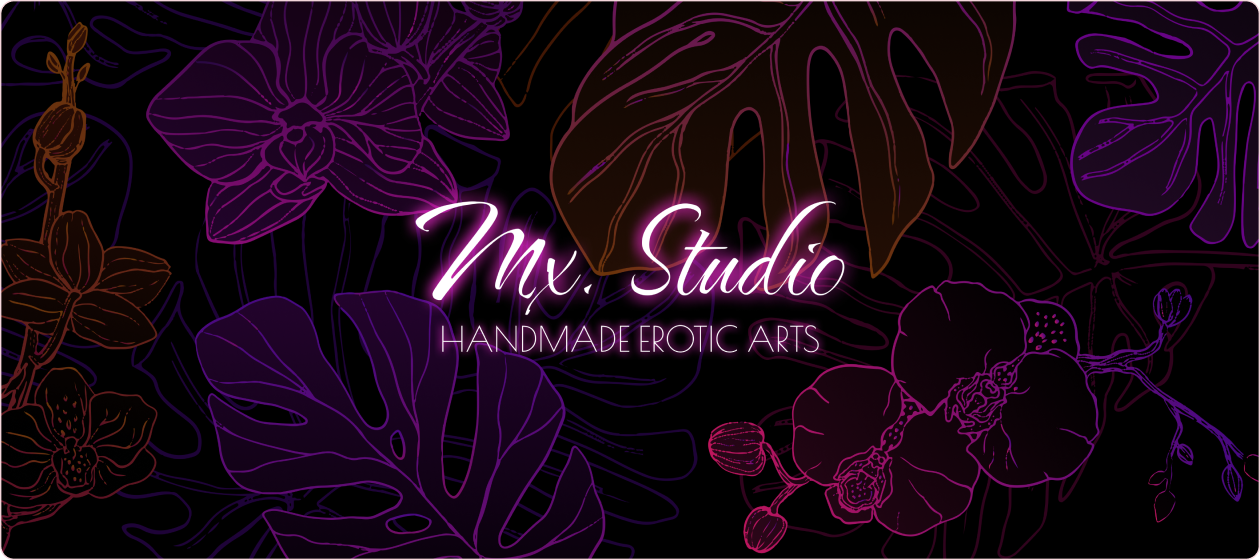Mx Studios Brand, dark with neon florals and a script font