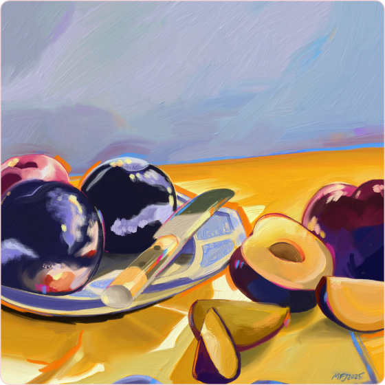 Digital illustraion of a still life of plums, in an oil painting style