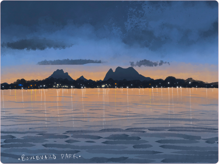 Digital illustraion of Fairhaven Park at dusk